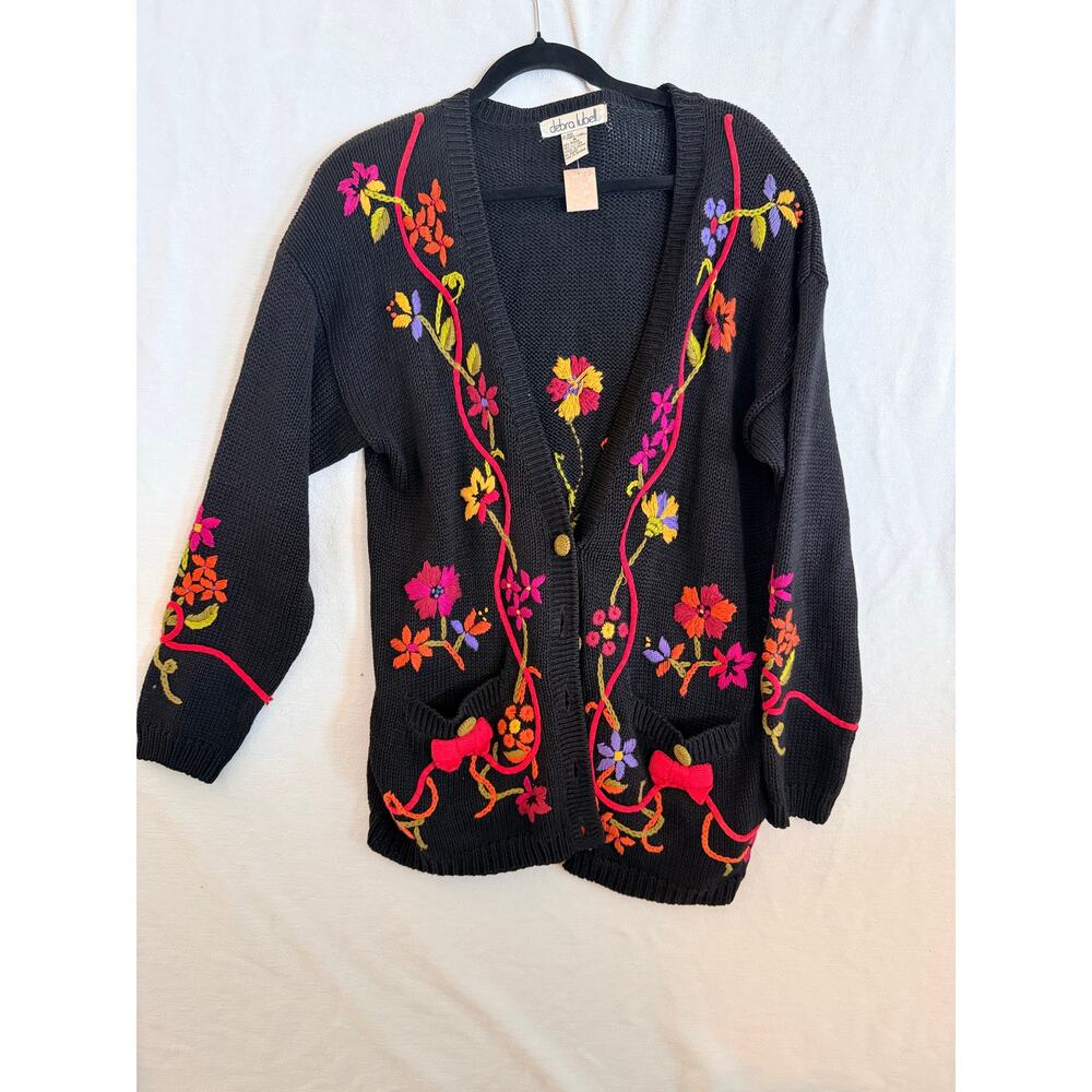 Vintage 1992 Debra Lubell Embroidered Floral Cardigan Boho Folk Sweater Medium